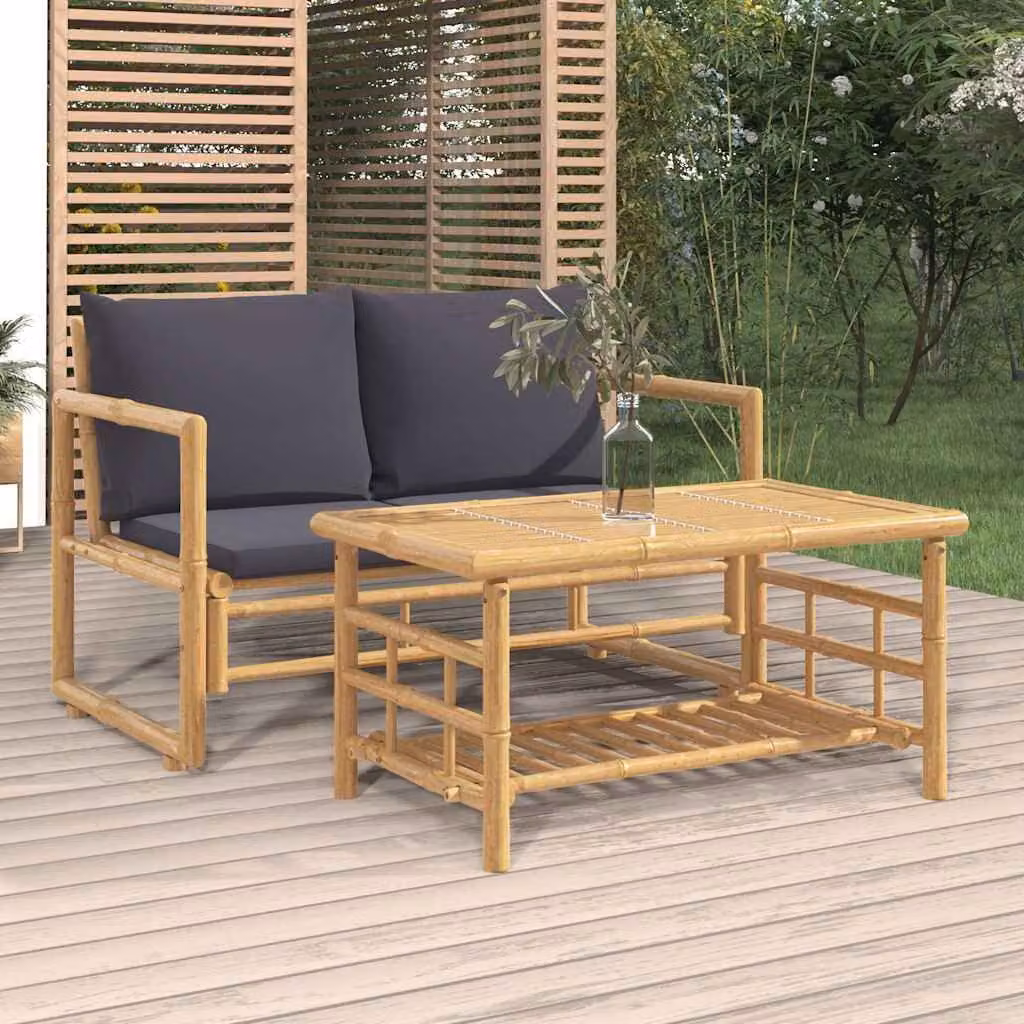Set Salotto da Giardino vidaXL in Bambù con Cuscini, 2 Pezzi, Grigio e Marrone