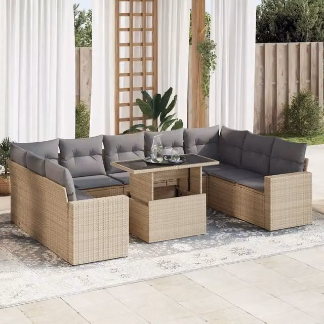 Set Divano da Giardino 10 Pezzi vidaXL in Polyrattan con Cuscini Beige e Grigio e Tavolino da Esterno – 1