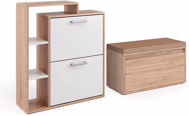 Scarpiera da ingresso Orlando Vicco beige con banco, 2 parti – 1