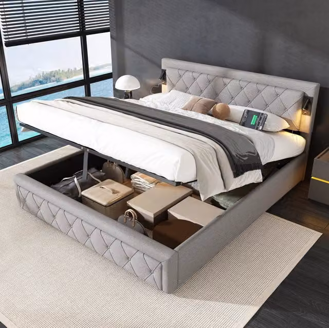 Letto matrimoniale imbottito 180 x 200 cm grigio con vano contenitore, LED e USB