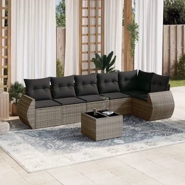 Set Divani da Giardino 7 pz con Cuscini Grigio in Polyrattan 3221399