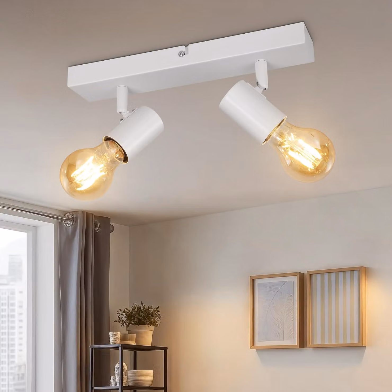 Lampada a soffitto a due luci, attacco E27, orientabile a 350 gradi, colore bianco, ideale per il soggiorno, potenza massima 60W