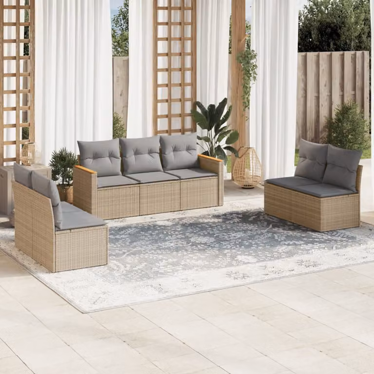 vidaXL Set Divano da Giardino 7 pz a forma di U con Cuscini Beige e Grigio in Polyrattan e Acciaio
