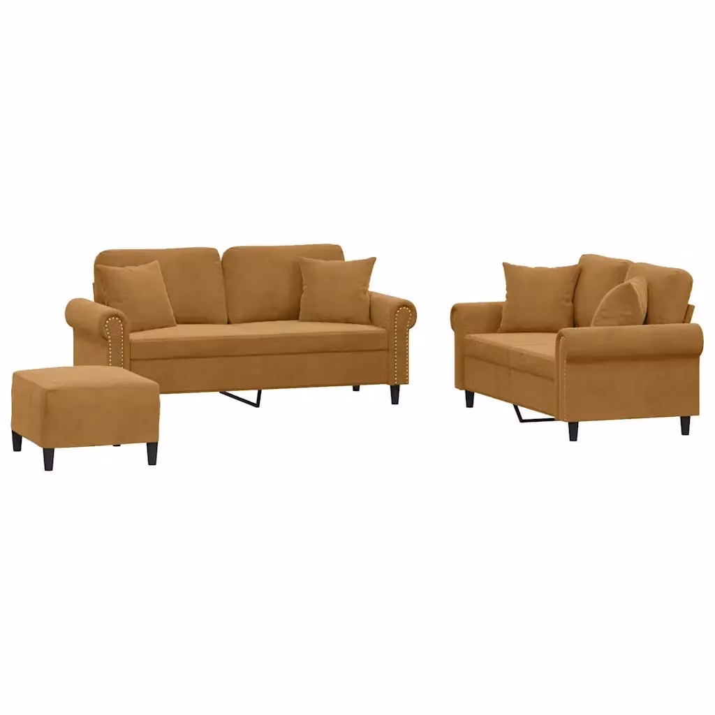 Set di 3 divani vidaXL in velluto marrone con cuscini per soggiorno in stile moderno – 2
