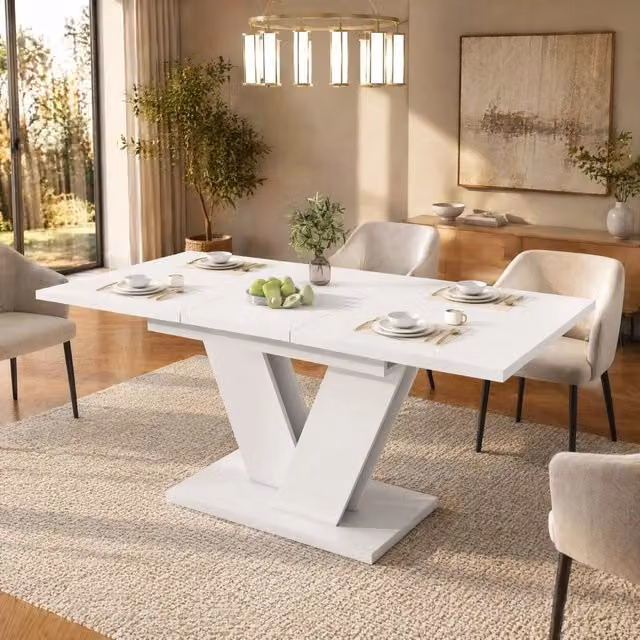 Tavolo da pranzo allungabile 120-160x80 cm con piano MDF bianco e gambe a V, per 4-8 persone