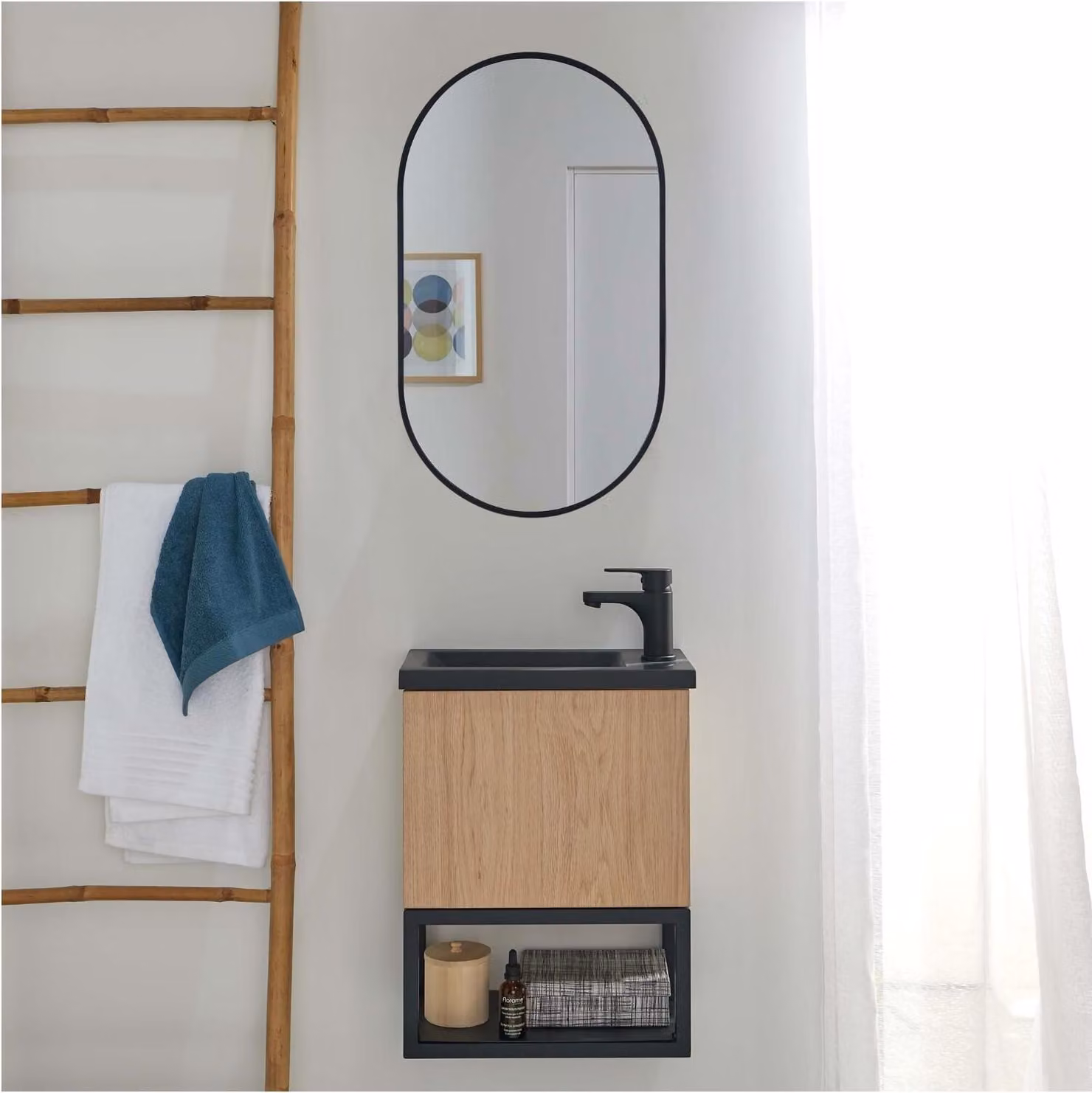 Set lavabo NOVA in metallo e legno con specchio ovale