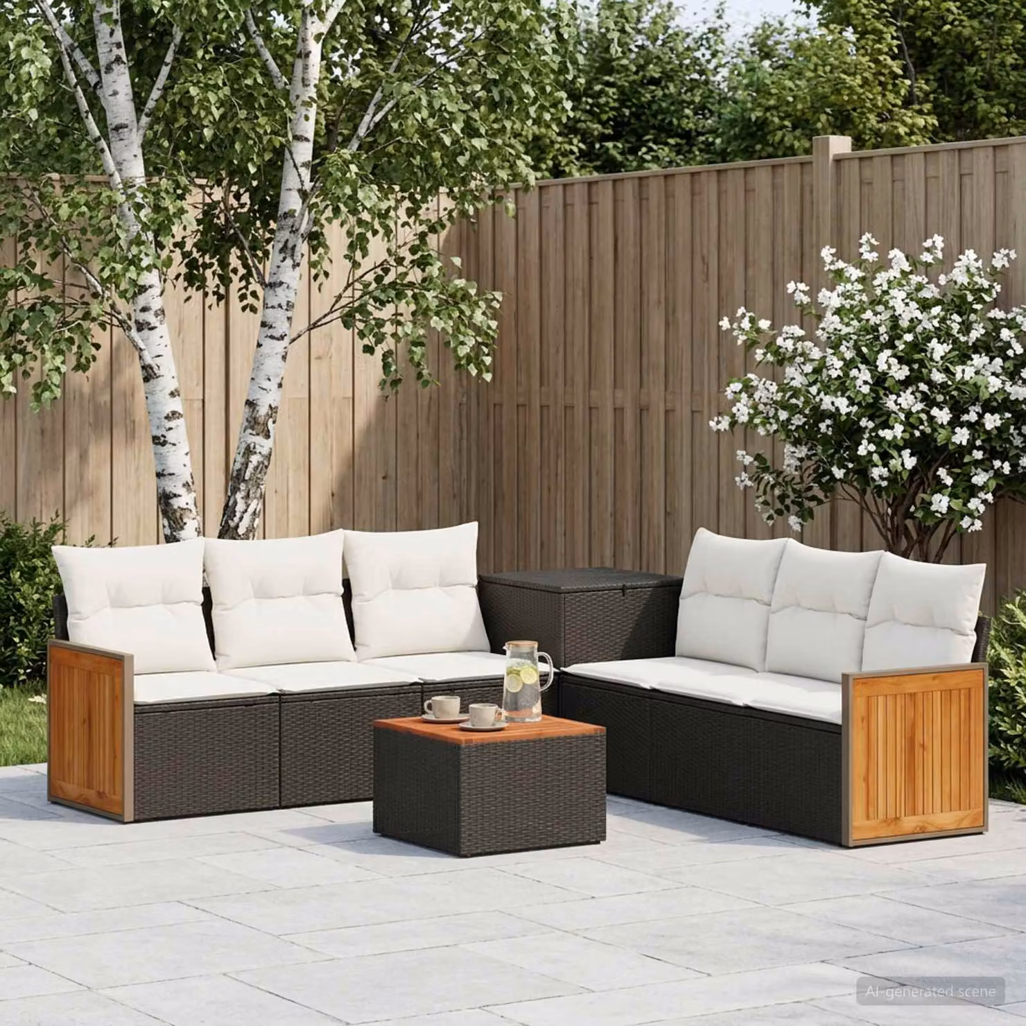 Set di divani da giardino vidaXL a forma di U in polyrattan nero e bianco crema con 8 pezzi e cuscini inclusi