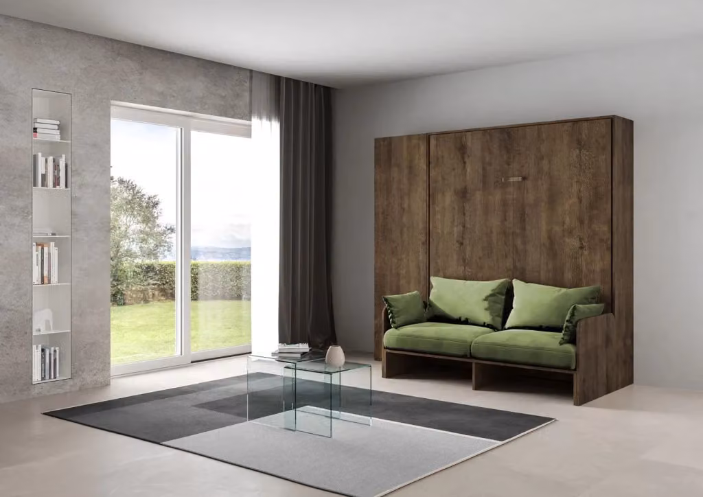 Letto Matrimoniale A Scomparsa Kentaro con Divano e Colonna Giordanoshop, Colore Noce e Verde, L/P: 160 x 200 cm – 2