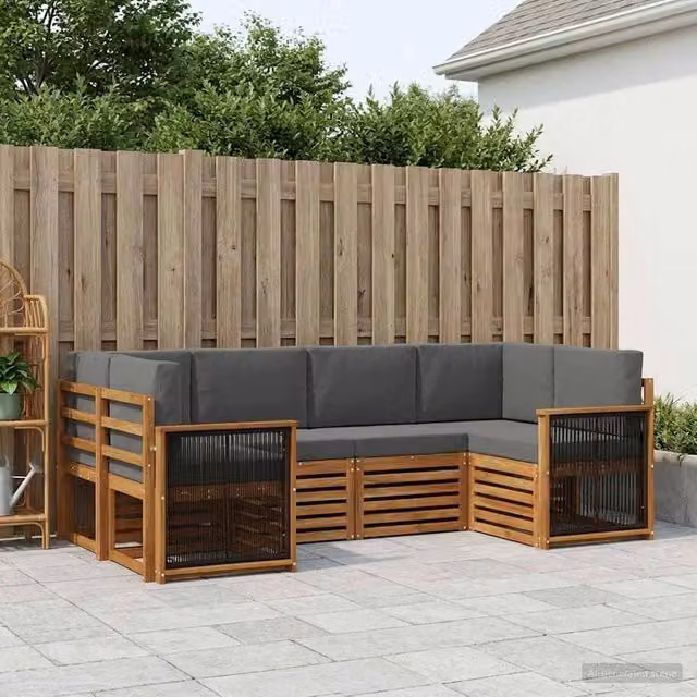 Set di divani da esterno a L vidaXL in legno di acacia con cuscini beige e antracite