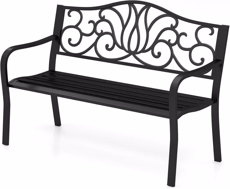 Panchina da giardino in metallo KOMFOTTEU, panchina da giardino a 2-3 posti, con schienale decorato e struttura a doghe, seduta ergonomica per terrazza, parco, cortile, patio, nera