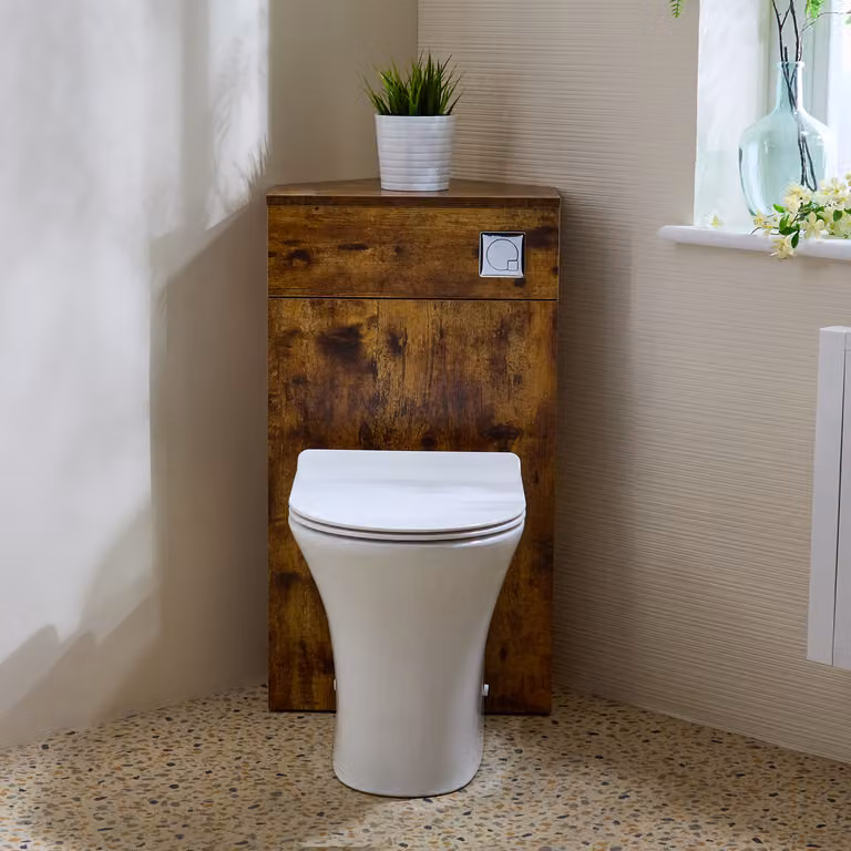 Unità WC Angolare per WC in Rovere Scuro con Sanitario Marbury - con Pulsante di Scarico Cromato - Cluo