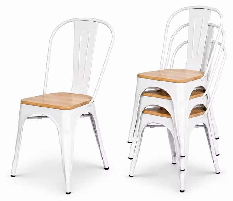 Set di 4 sedie in metallo bianco con seduta in legno, stile industriale