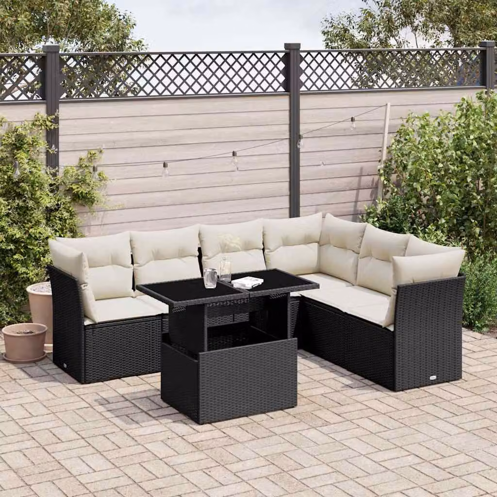 vidaXL Set Divano da Giardino a L con Tavolino e 7 Cuscini, Design Moderno in Polyrattan e Metallo Nero – 1