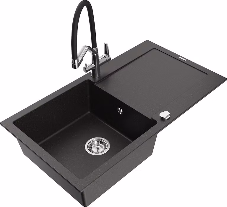 Mexen Leo lavello in granito a 1 vasca con sgocciolatoio e rubinetto cucina Duo, nero/oro metallizzato - 6501-75-671701-07