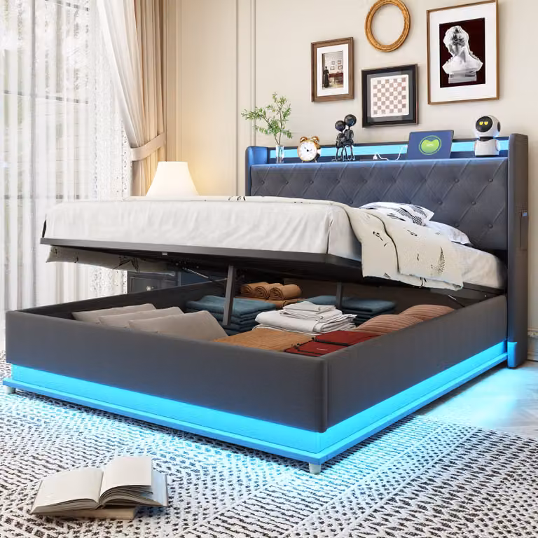 Letto imbottito Flieks 140x200cm con USB, letto contenitore letto matrimoniale con rete a doghe e LED, letto a molle idrauliche letto per ragazzi, biancheria, grigio
