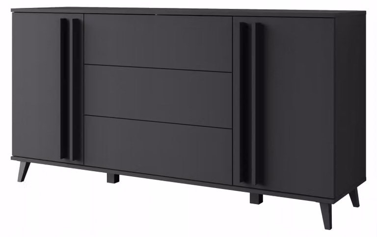 Comò da 150 cm, design moderno, con 3 cassetti e 2 ante, finitura nera opaca