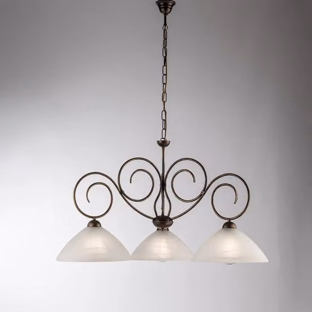 Lampadario Classico a Sospensione Belight Serie Milly con 3 Luci in Ferro Battuto Marrone e Oro e Vetro Bianco – 1
