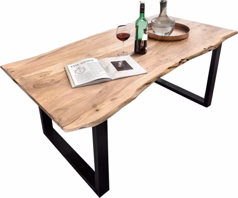 Tavolo Sit-Möbel 160 x 85 cm, piano in acacia con bordo ad albero cresciuto, struttura in metallo laccato nero