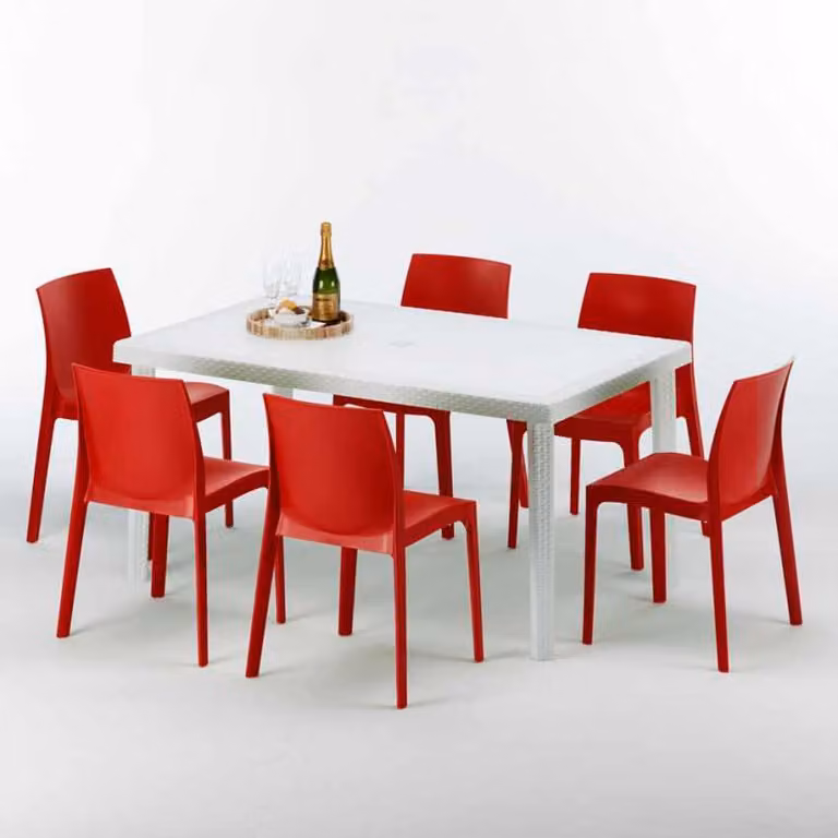 Tavolo rettangolare bianco e 6 sedie Set di bastoni da esterno in polipropilene colorato Grand Soleil Rome Summerlife - Rosso