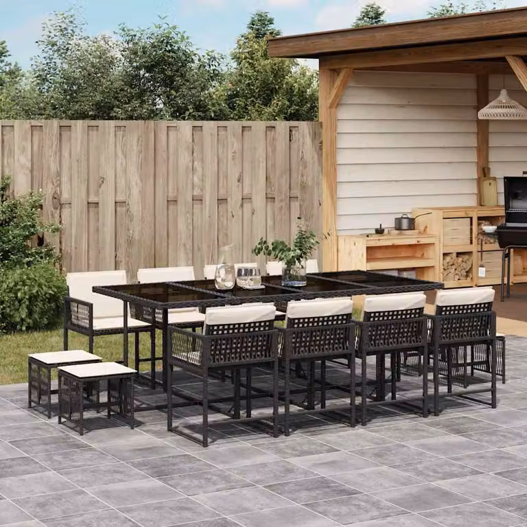 Set da Pranzo da Giardino vidaXL in Polyrattan Nero con Cuscini e Piano in Vetro, 13 Pezzi
