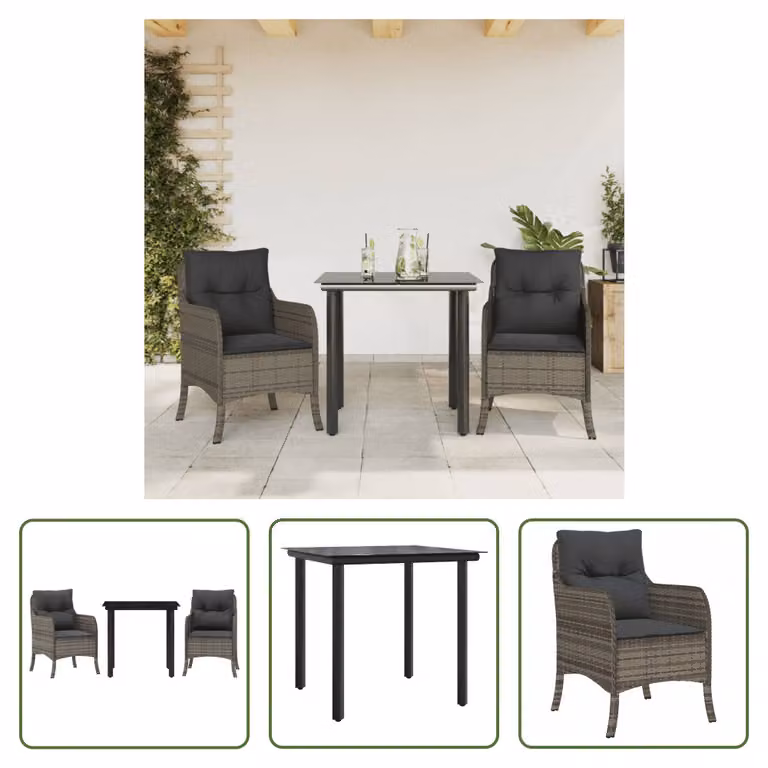 The Living Store Set da pranzo da giardino in 3 pezzi con cuscini in poly rattan grigio