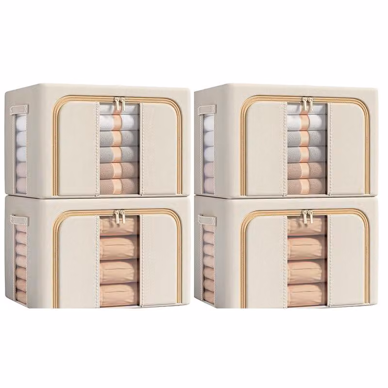 set di 4 scatole portaoggetti in tessuto Oxford, impermeabile, pieghevole, 100L, scomparti, per vestiti e guardaroba, con due finestre di visualizzazione, beige