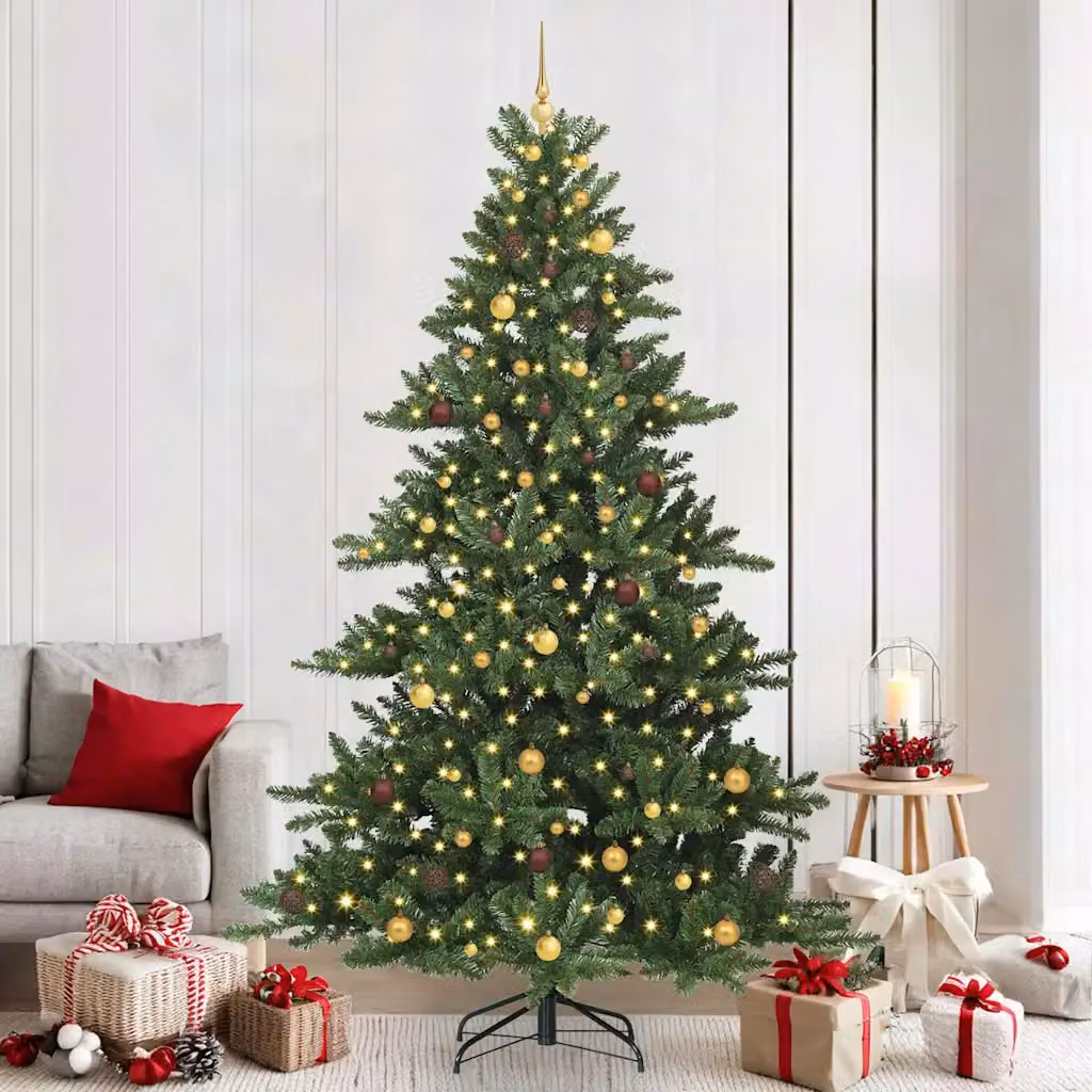 Albero di Natale artificiale moderno vidaXL con LED bianco caldo e rami pieghevoli in PVC e metallo, colore verde, Altezza: 240 cm