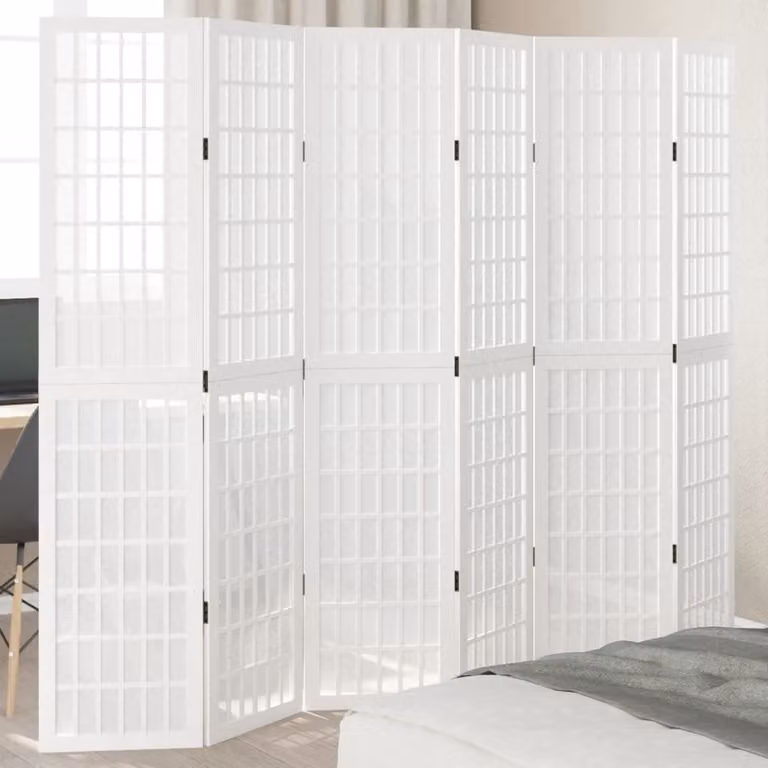 Divisorio Ambienti vidaXL in Legno di Paulownia Bianco con 6 Pannelli, Altezza: 215 cm, Larghezza: 180 cm