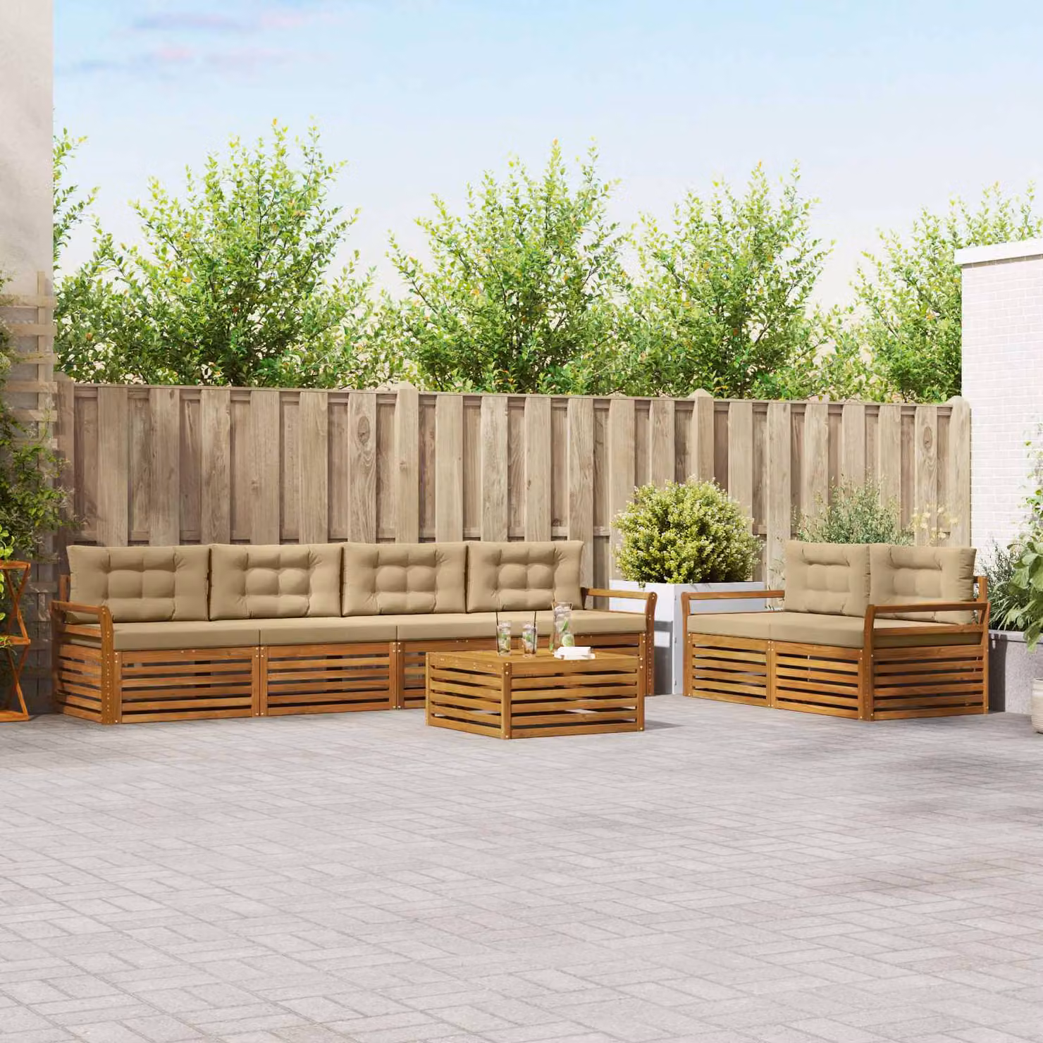 Set di divani da esterno vidaXL 7 pezzi in legno di acacia con cuscini beige e marrone per giardino e terrazza