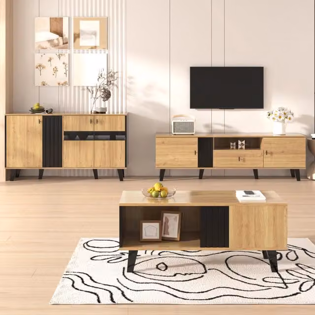 Desviae Mobile TV con tavolino da salotto e credenza in pannello di particelle e vetro nero e legno per soggiorno
