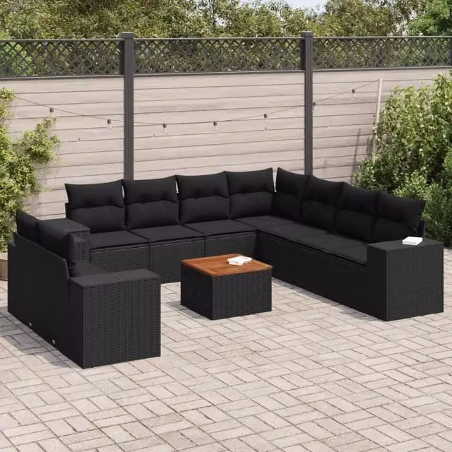 Set Divani da Giardino 10pz con Cuscini in Polyrattan Nero 3225509