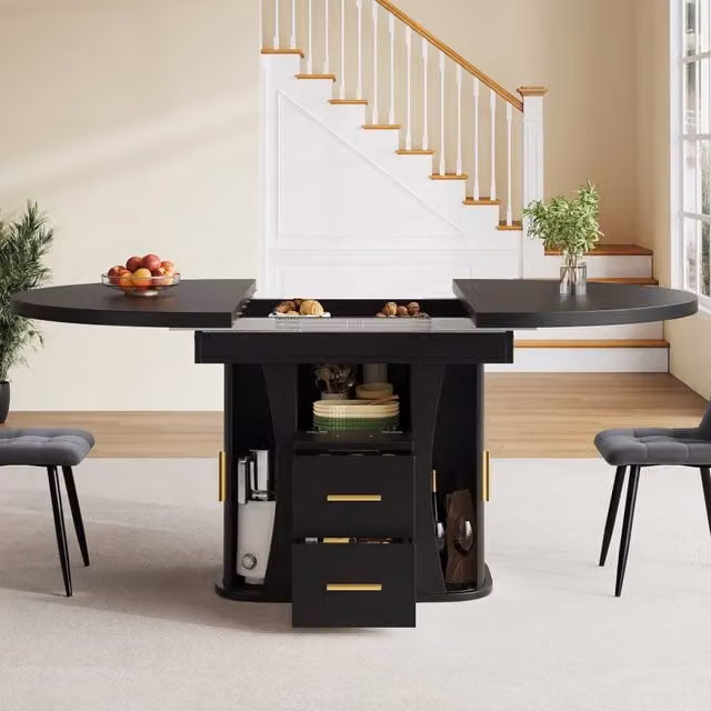 Tavolo allungabile con piano scorrevole e vano contenitore in MDF nero 118-158 × 118 × 77 cm