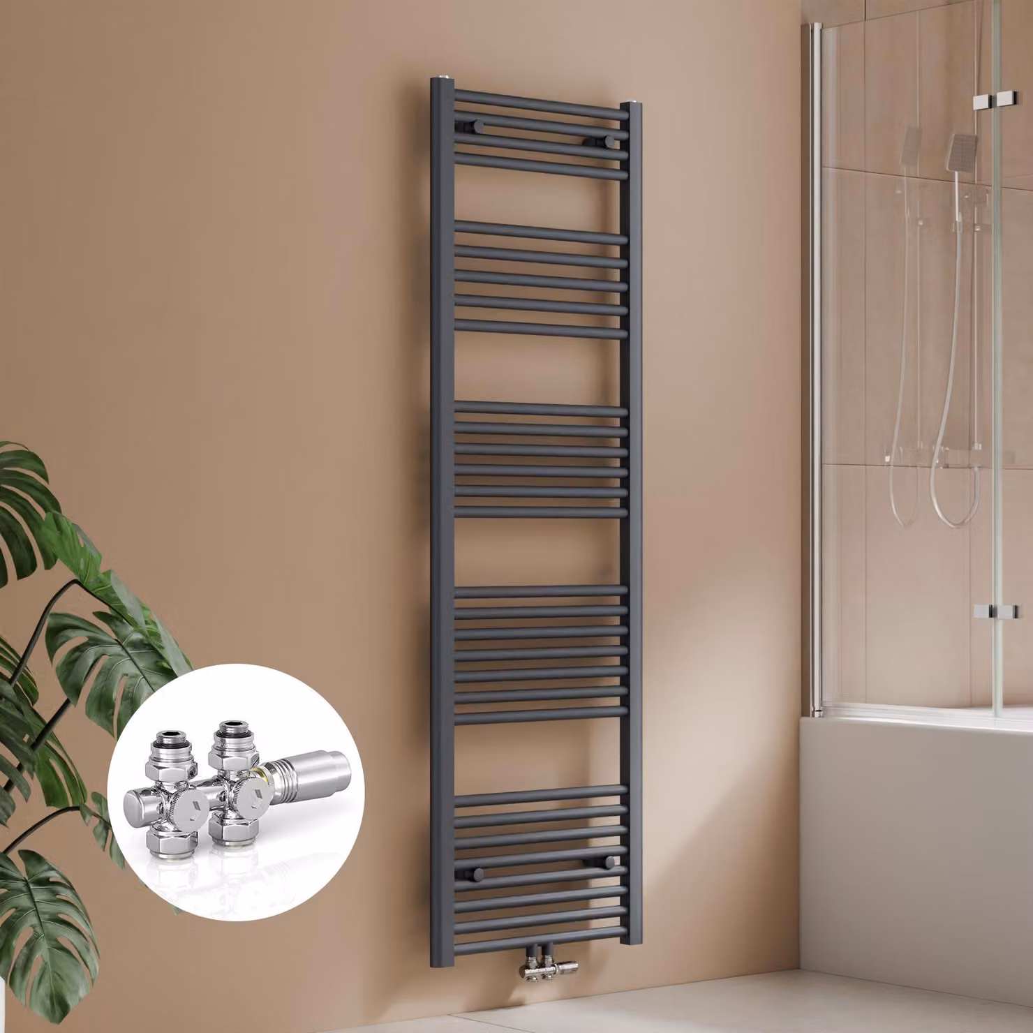 Radiatore da bagno 160 x 50 cm, 654W, antracite, con kit valvola per collegamento centrale, design lineare, radiatore asciuga-asciugamani – S'AFIELINA