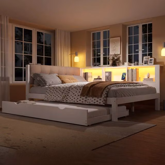 Daybed con letto estraibile 140x200 cm in pino massello bianco, luce LED dimmerabile e porta USB