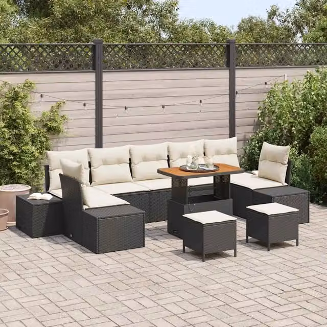 Set Divano da Giardino vidaXL 10 Pezzi in Polyrattan Nero con Cuscini e Tavolino da Esterno