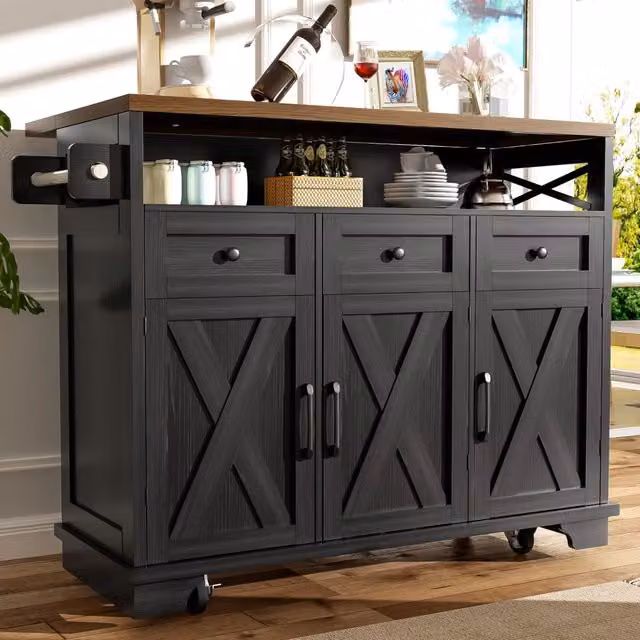 Carrello da cucina con piano pieghevole 3 cassetti e ripiani regolabili su ruote con freno in MDF e metallo nero