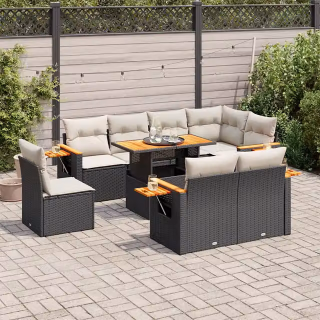 Set Divani da Giardino 9 pz con Cuscini Nero Polyrattan Acacia 3327612