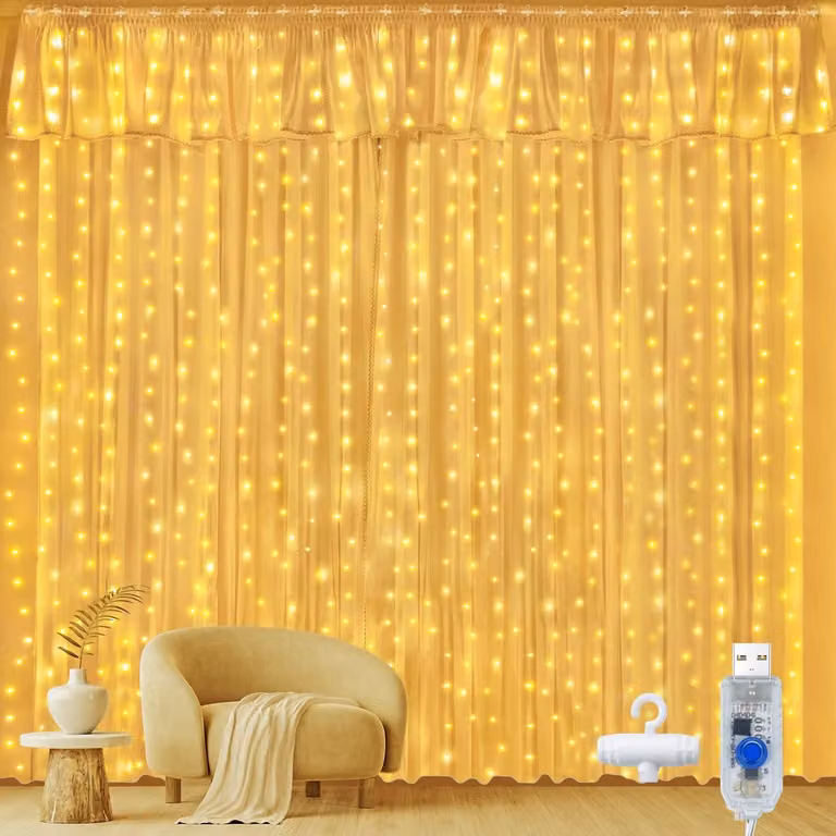 Tenda luminosa a LED, dimensioni 3x3 metri, 300 LED bianco caldo, grado di protezione IP44, alimentazione USB