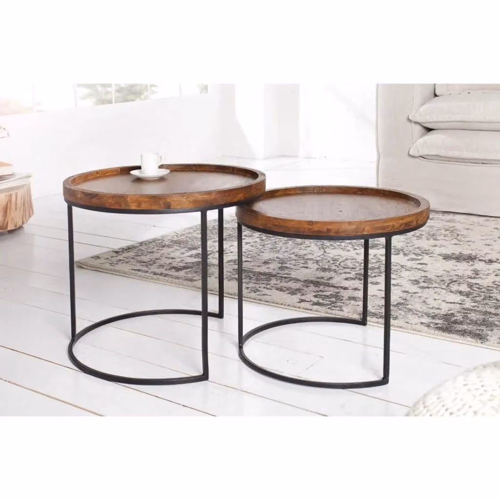 Set di tavolini bassi nidificati ORBO Meublorama rotondi in legno di acacia e metallo marrone – 2