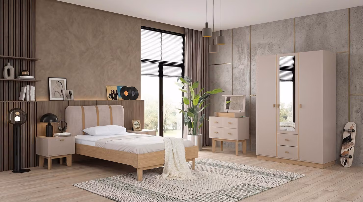 Camera da letto per adolescenti, color beige: letto, comodini, armadio, cassettiera