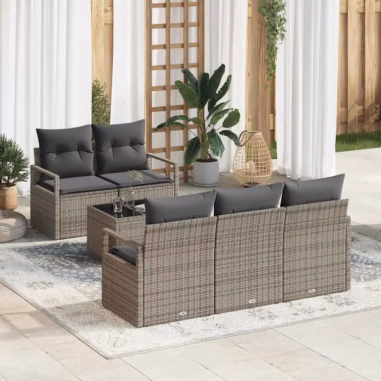 Set di divani da giardino vidaXL in polyrattan grigio con tavolo da caffè e cuscini inclusi