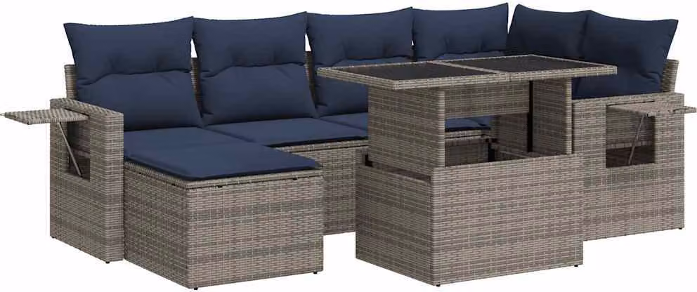 Set Divani da Giardino 7pz con Cuscini Grigio Polyrattan Acacia