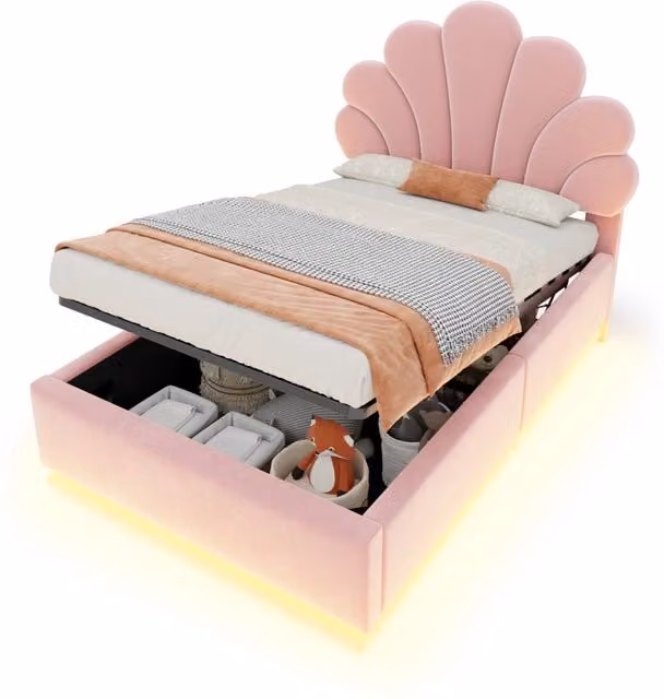 Letto singolo Chicfurn con contenitore idraulico, testiera a fiore e illuminazione LED in velluto rosa, L/P/H: 90 x 200 x 112 cm