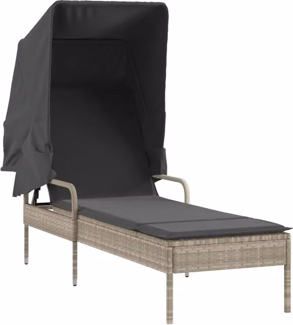 Lettino Prendisole | Sdraio da giardino | Lettino da sole con Baldacchino Grigio Chiaro in Polyrattan