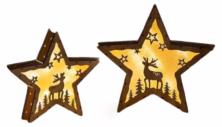 Set di 2 stelle decorative in legno con luci LED, colore marrone, ideali per le decorazioni natalizie, diametro 30 cm