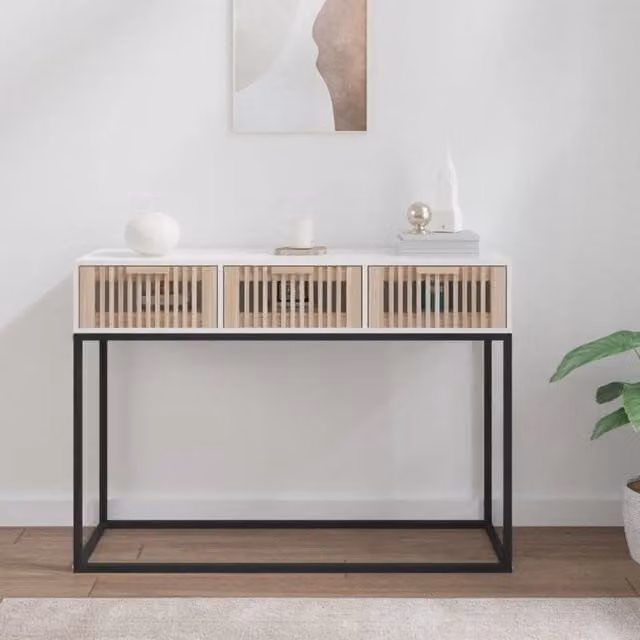 Tavolino Consolle-Tavolino da soggiorno-Tavolo Bianco 105x30x75 cm Legno Multistrato e Ferro
