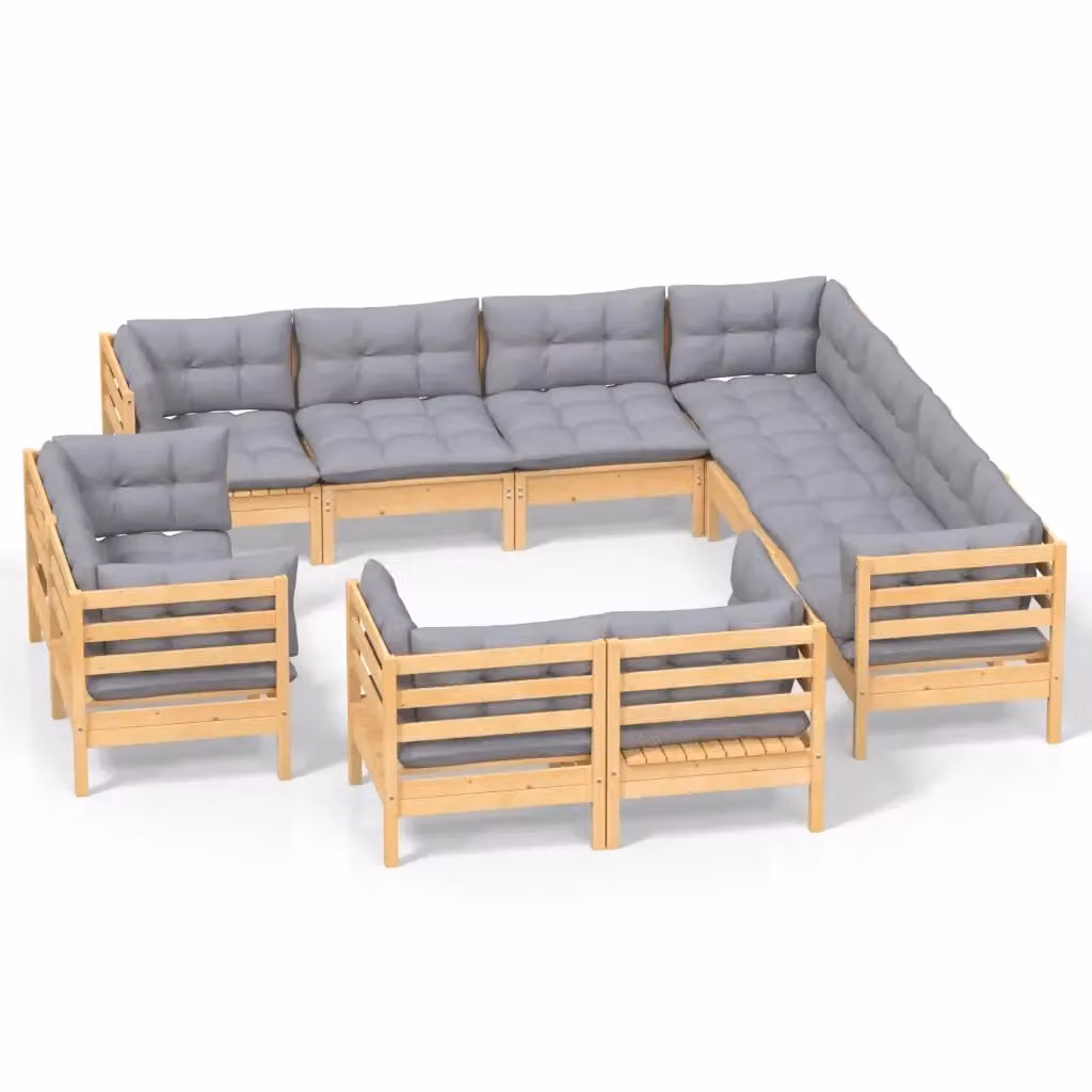 Set di Divani da Giardino vidaXL a Forma di U in Legno di Pino con Cuscini Grigi 11 Pezzi – 2