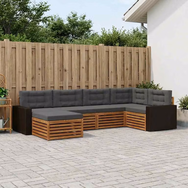 Set di divani da esterno vidaXL a forma di L composto da 6 pezzi in legno di acacia con cuscini inclusi, colore antracite e marrone