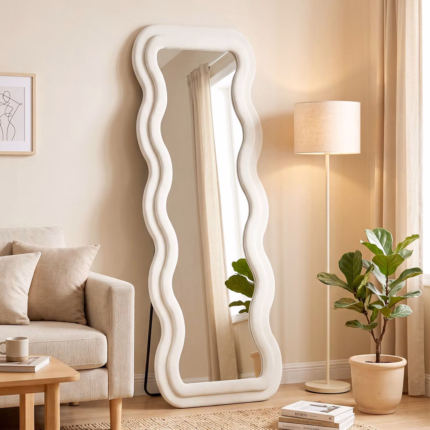 Specchio da terra HOMCOM con cornice ondulata in velluto beige e vetro temperato, H: 160 cm, L: 60 cm – 2