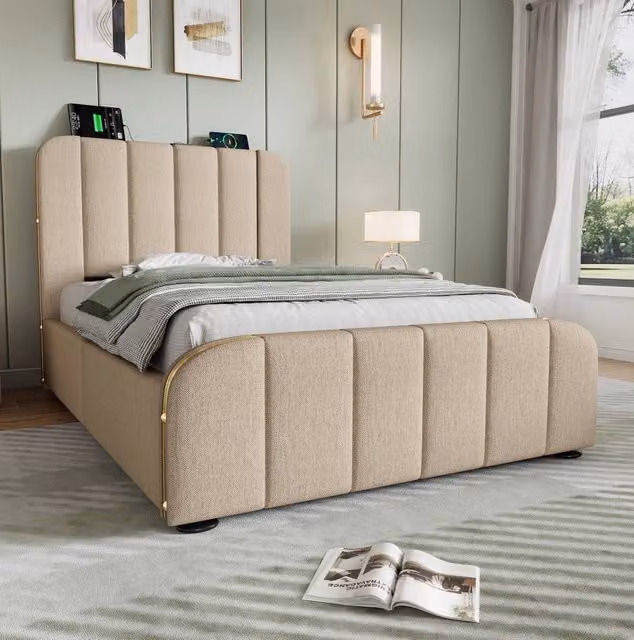 Letto singolo contenitore 90x200 cm con USB C e USB; testiera imbottita in lino beige